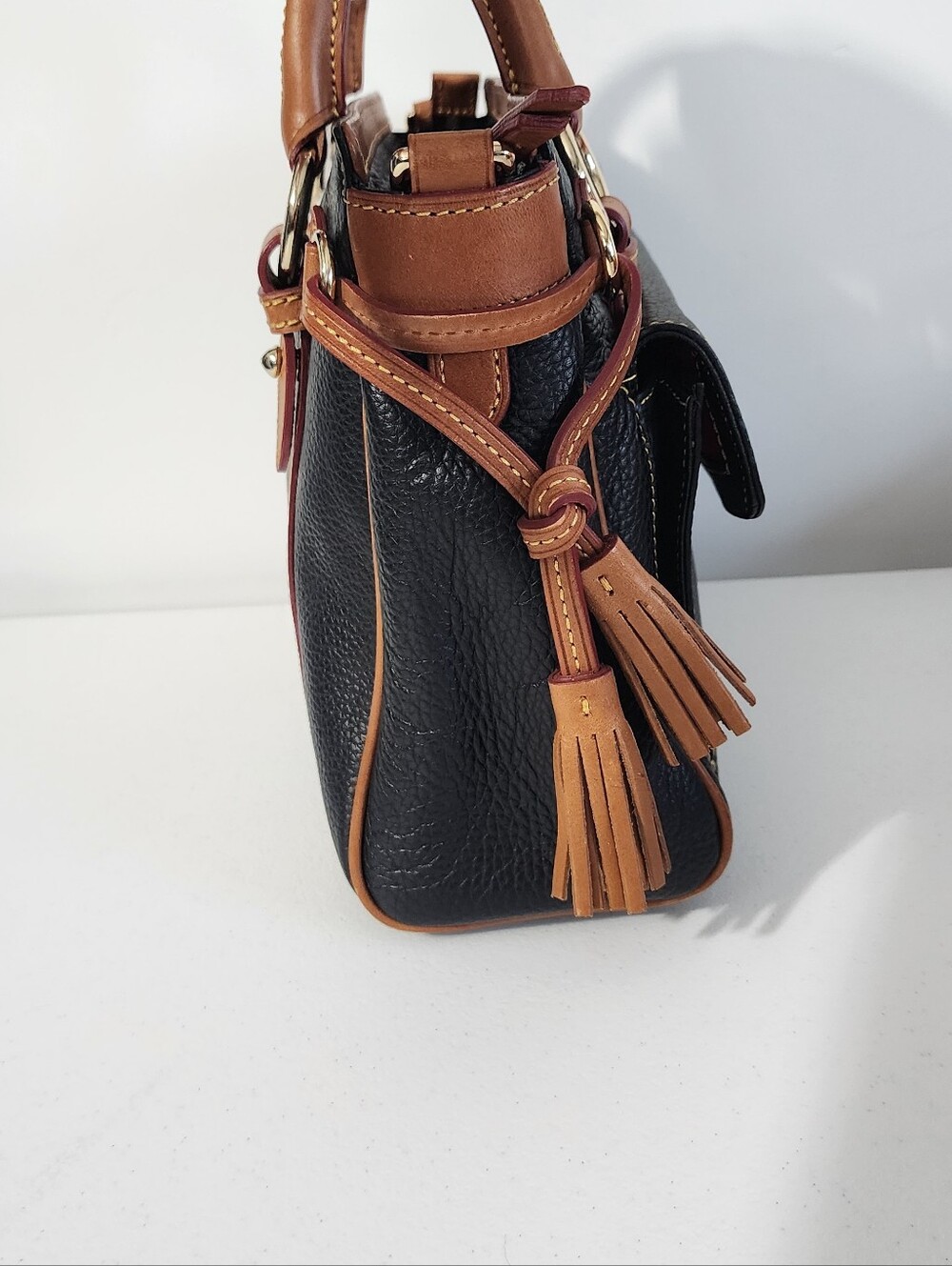 Dooney & Bourke Black Pebbled Leather Satchel with Tan Trim - Picture 2 of 7
